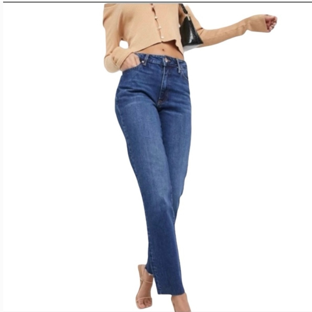 River Island High-rise Raw-Hem Straight leg Ankle dark blue Jean 10 30 stretch - Picture 2 of 12